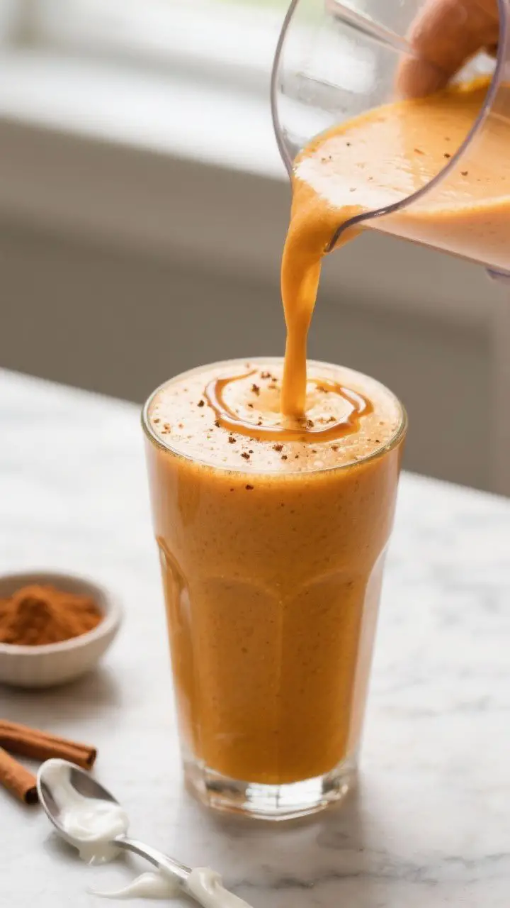 Close-up detail shot of the finished Pumpkin Apple Spice Smoothie being poured from a blender into a
