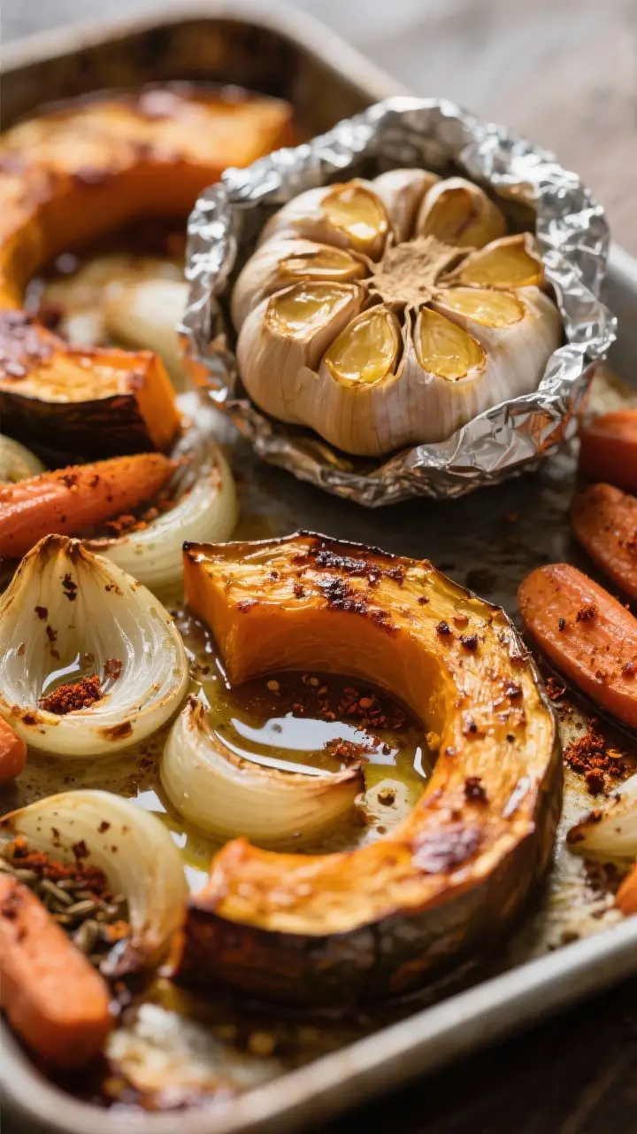 Close-up detail shot: Roasted pumpkin, onions, and carrots fresh from the oven with deep caramelized