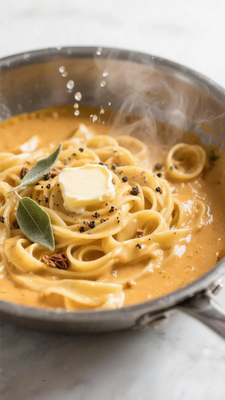 Close-up detail shot: Silky pumpkin Alfredo sauce being emulsified with fettuccine in a wide stainle