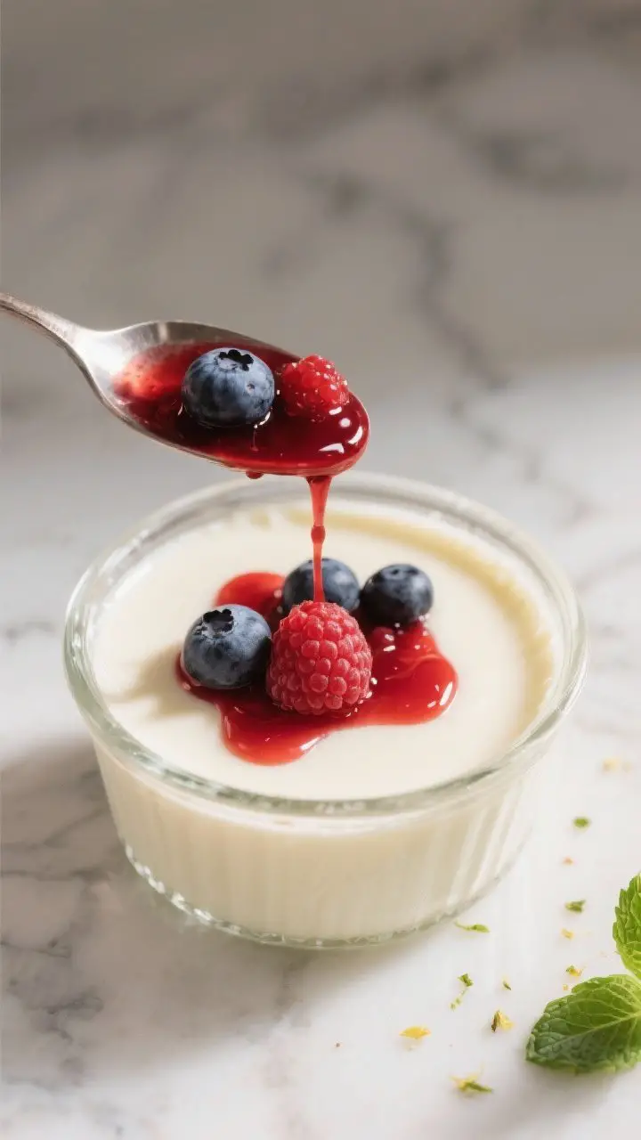 Close-up detail shot: Silky vanilla panna cotta just set in a clear glass ramekin, showing a delicat