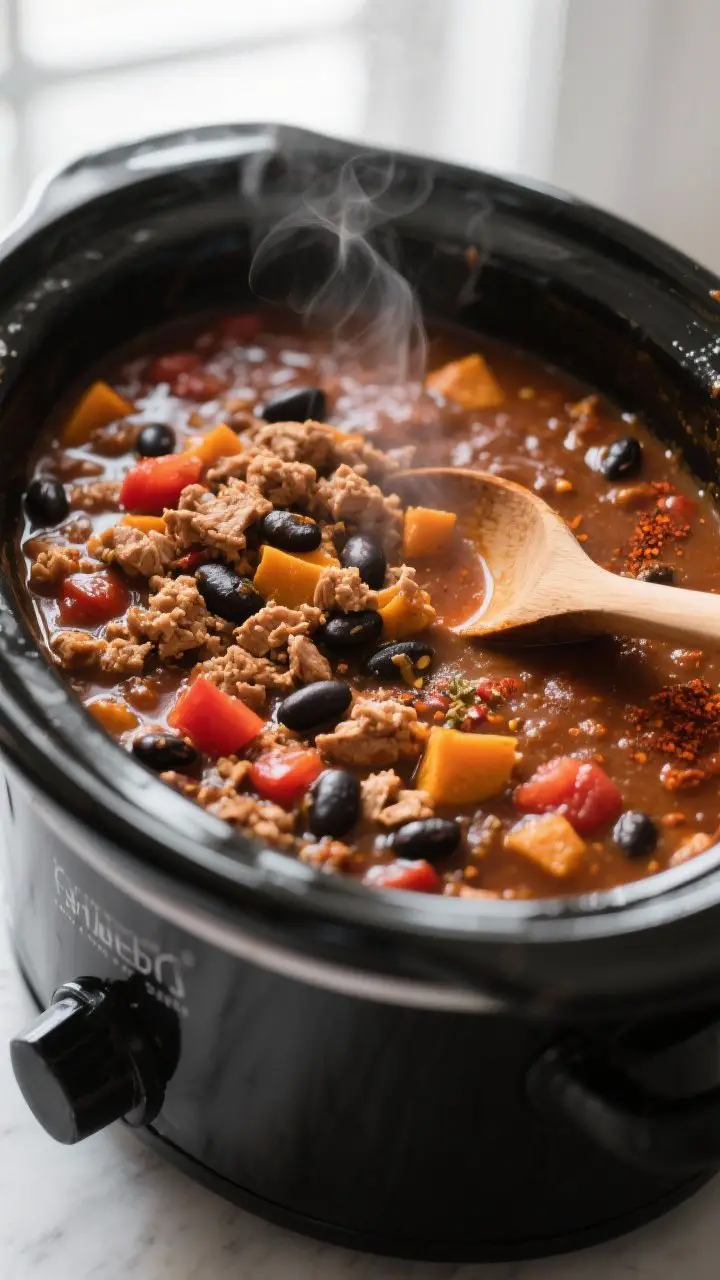 Close-up detail shot: Slow-cooked pumpkin chili simmering in a matte-black crockpot, surface bubblin