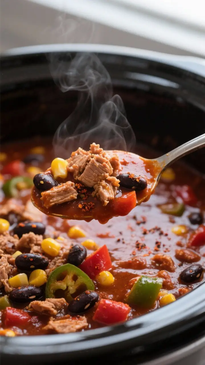 Close-up detail shot: Spoon dragging through slow-cooker turkey chili mid-simmer, showing glossy tom