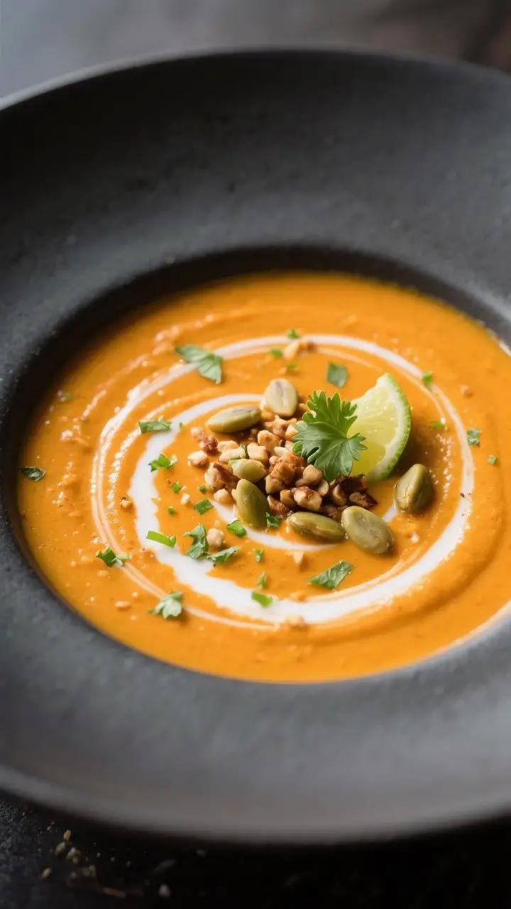 Close-up detail — silky blended soup with swirl: A shallow bowl filled with ultra-smooth, vibrant