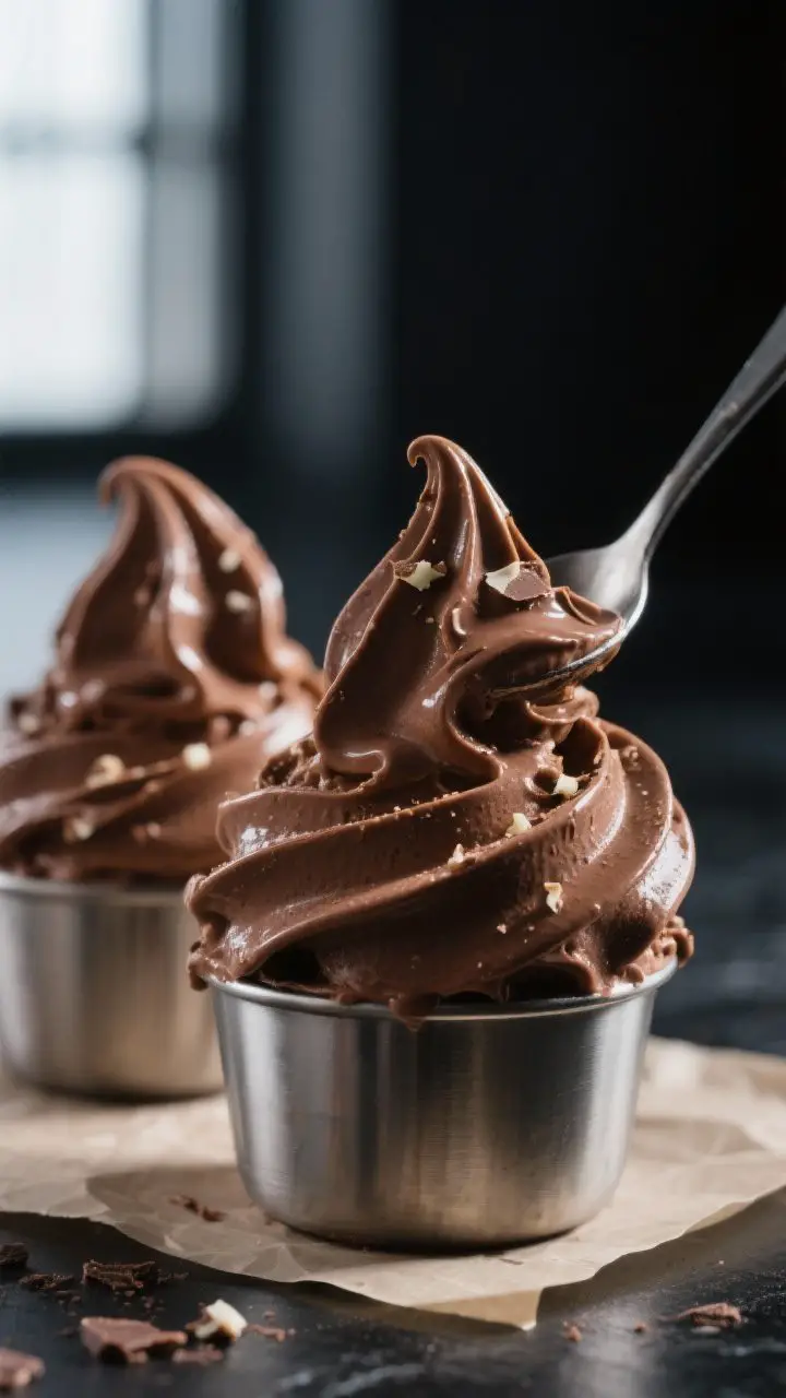 Close-up detail: Silky churned chocolate gelato just out of the ice cream maker, spooned into soft-s