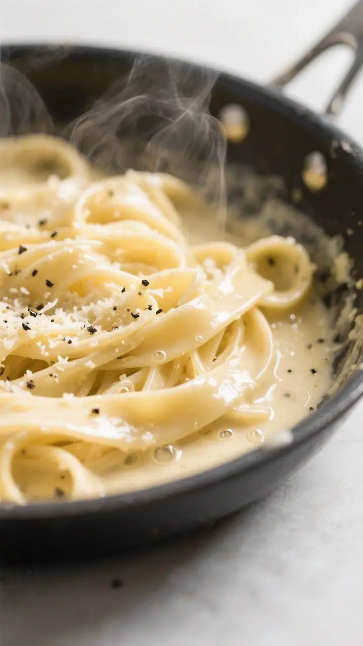 Close-up detail: Silky fettuccine alfredo being tossed off-heat in a wide skillet, ribbons coated in