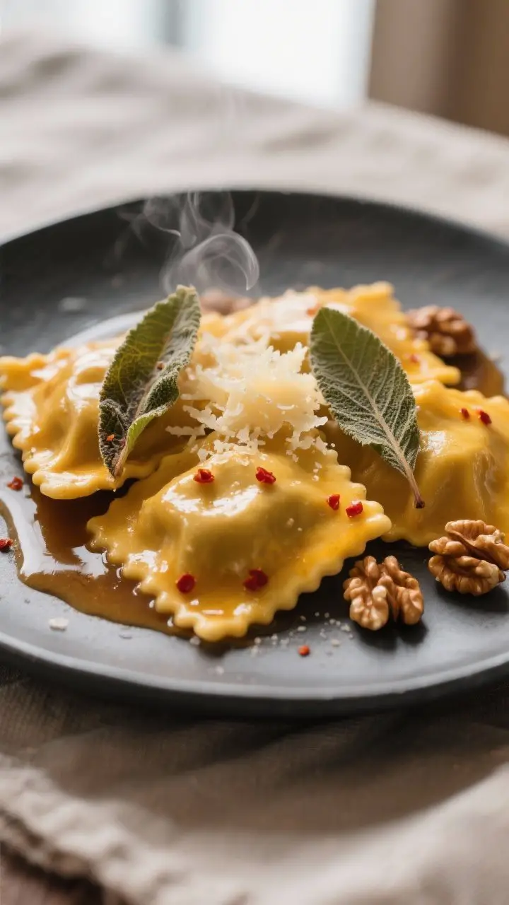 Close-up detail: Silky pumpkin ravioli just tossed in nutty brown butter, glistening with golden-bro