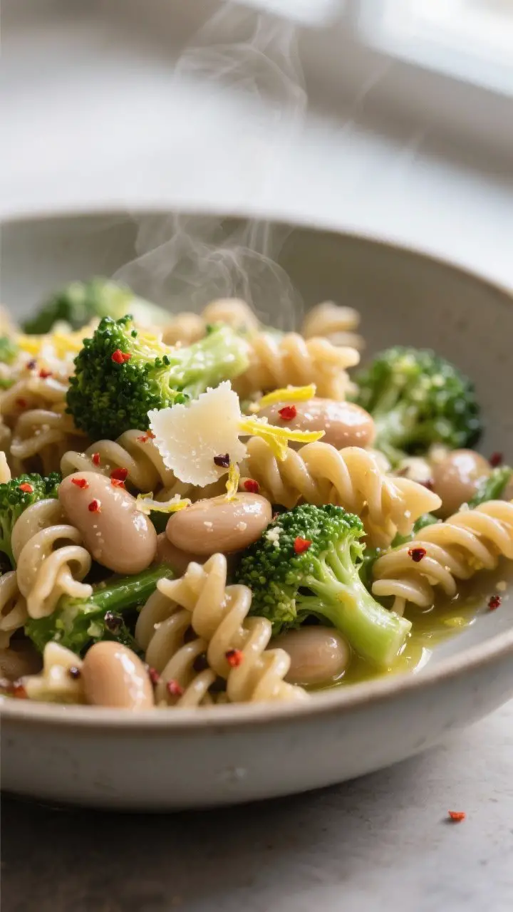 Close-up detail: Silky whole grain fusilli tossed with bright green, crisp-tender broccoli and cream