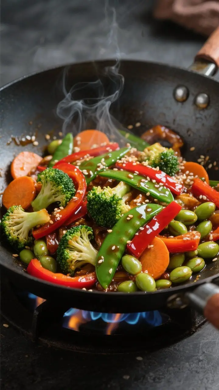Close-up detail: Sizzling veggie stir-fry in a carbon-steel wok over medium-high heat, showing gloss