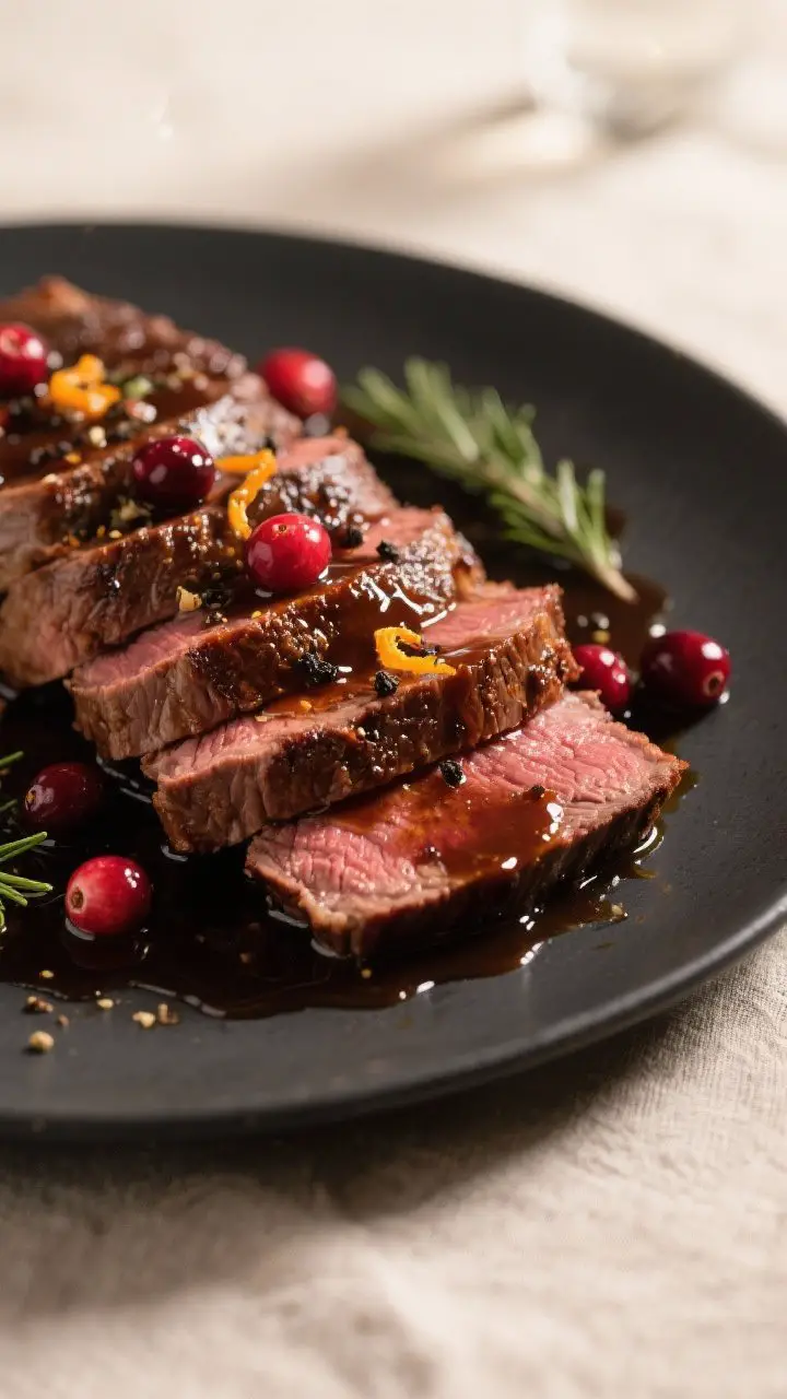 Close-up detail: Sliced cranberry balsamic roast beef with a glossy, reduced pan sauce cascading ove
