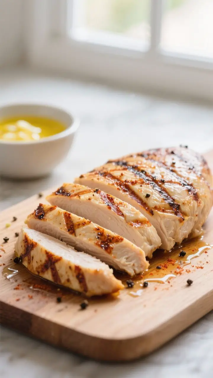 Close-up detail: Sliced grilled chicken breast resting on a cutting board, glistening juices and pro