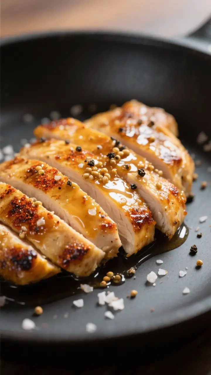 Close-up detail: Sliced honey mustard chicken just after resting, glistening with a glossy Dijon-hon