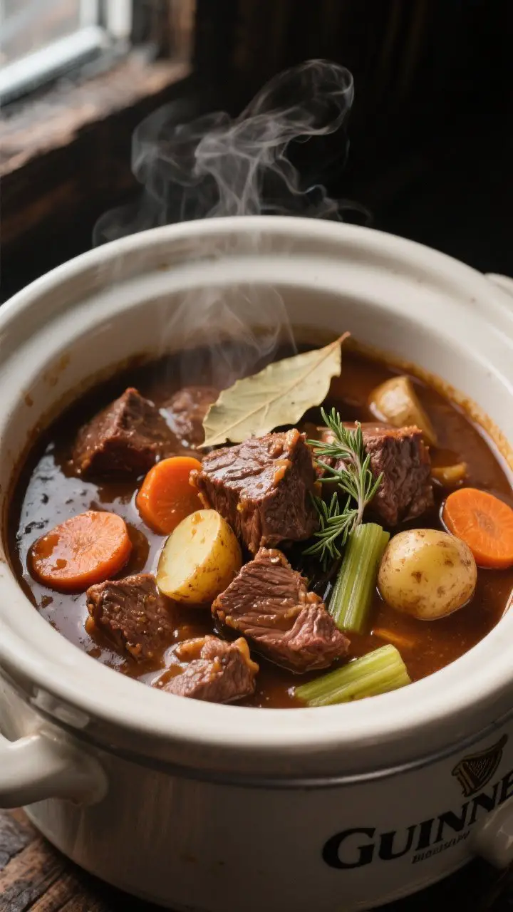 Close-up detail: Slow cooker Guinness beef stew simmering in a ceramic crock, showing glossy, rich m