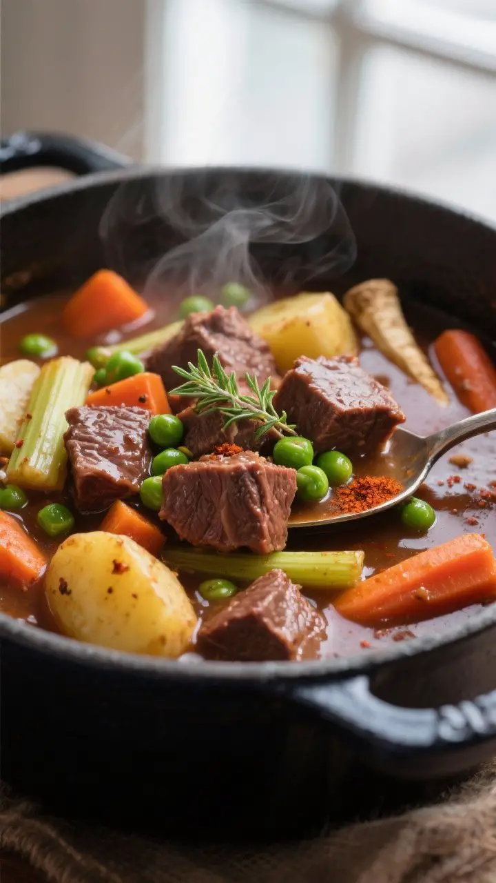 Close-up detail: Spoon-tender beef chuck cubes nestled in a glossy, simmered stew with soft Yukon Go