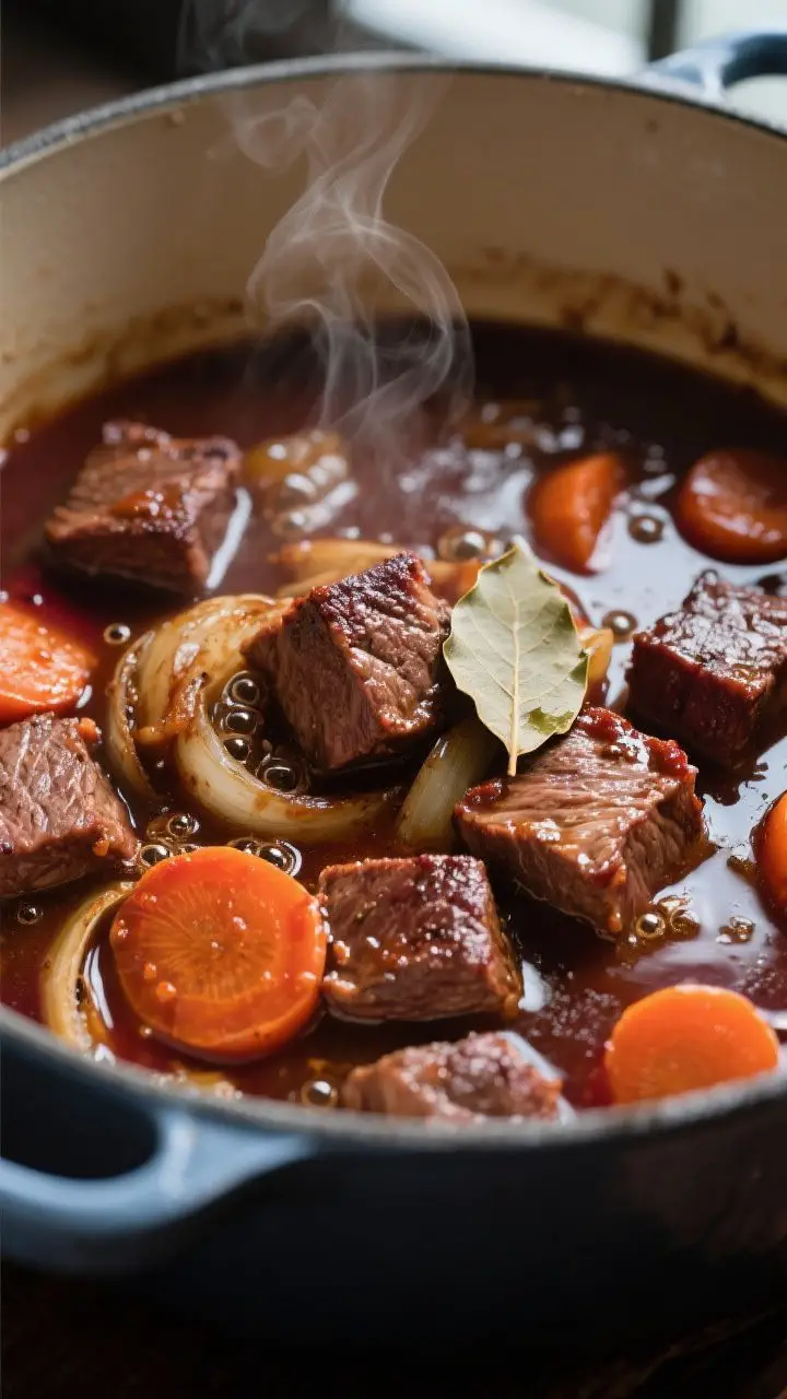 Close-up detail: Tender seared beef cubes nestled in glossy, simmering beef-and-red-wine broth insid