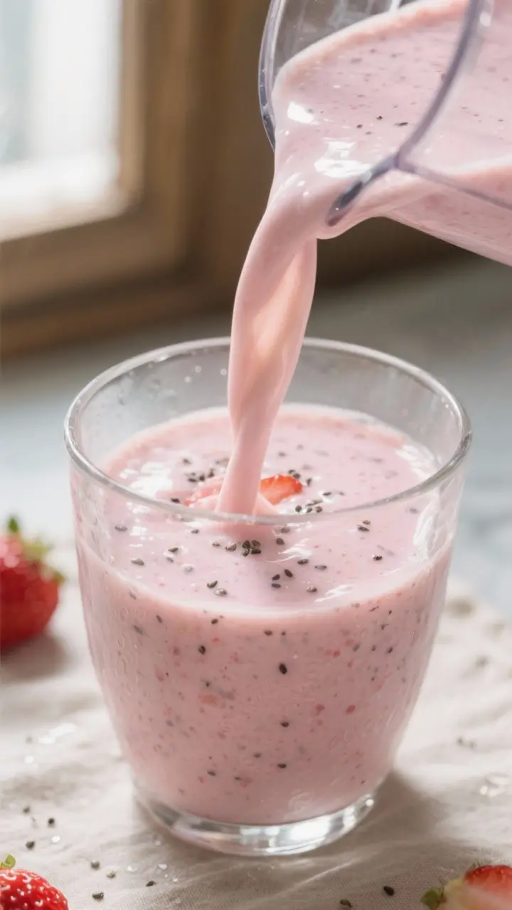 Close-up detail: Thick, creamy strawberry banana smoothie being poured from a blender into a chilled