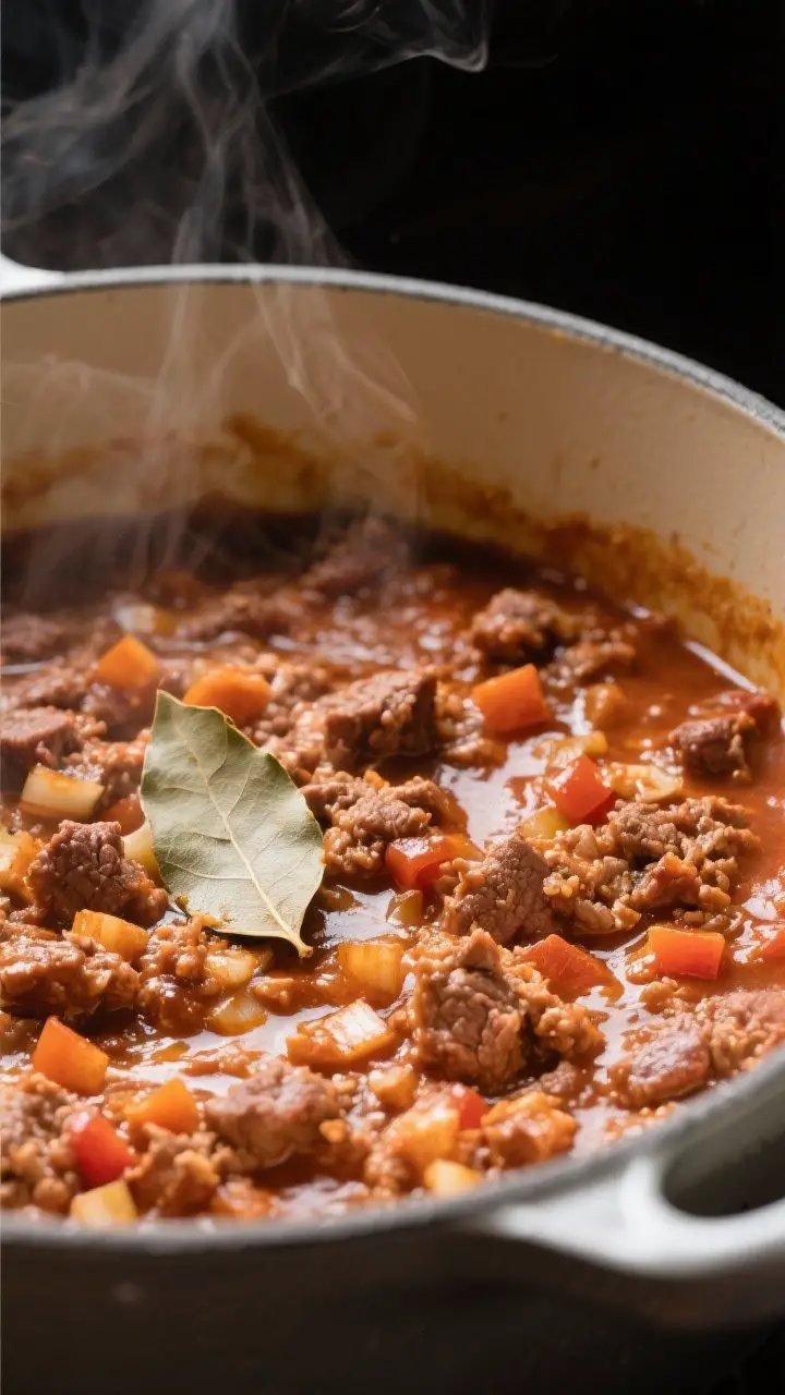 Close-up detail: Thick, glossy Bolognese ragù mid-simmer in a heavy enameled pot, showing tender be