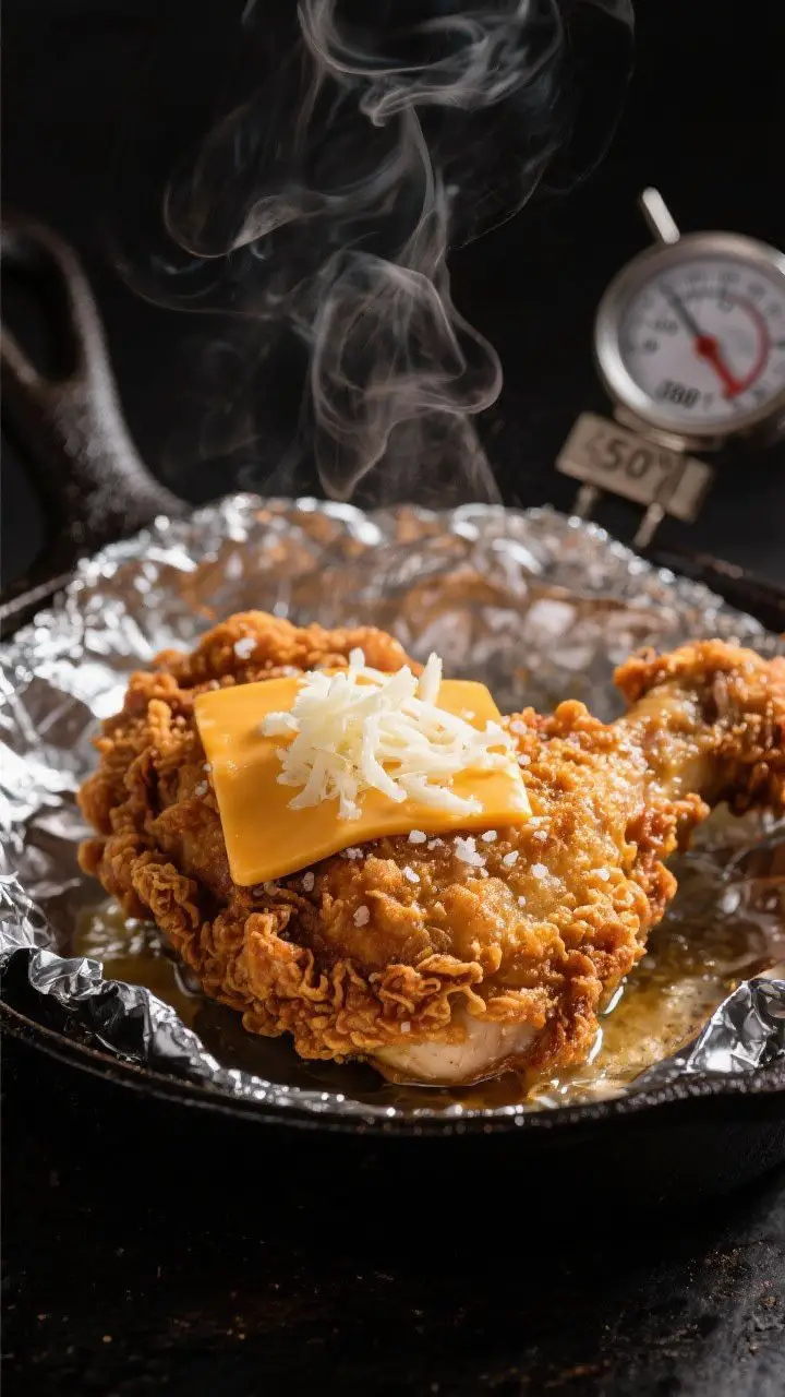 Close-up detail: Ultra-crispy fried chicken thigh right after frying, crust full of craggy ridges fr