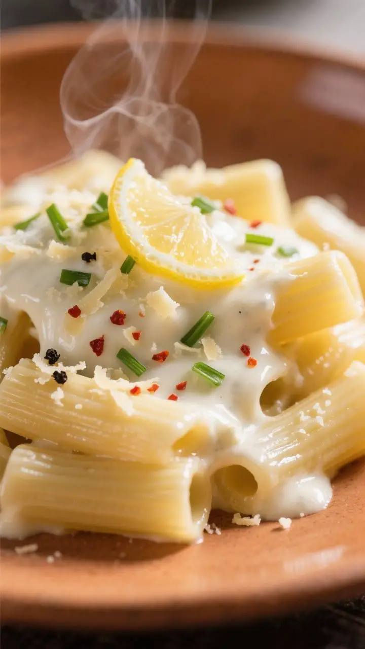 Close-up detail: Ultra-smooth cottage cheese alfredo sauce clinging to glossy rigatoni, steam rising