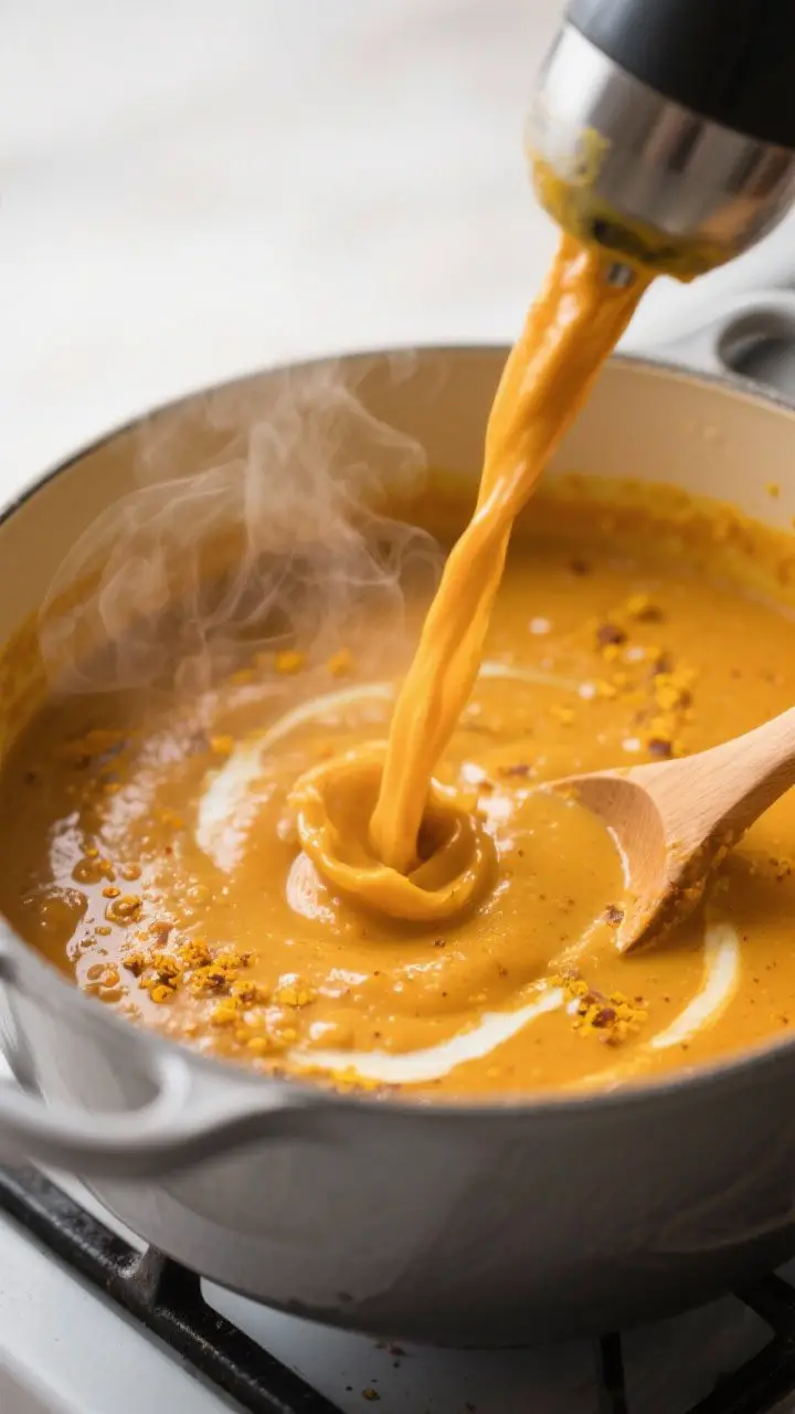Close-up detail: Velvety butternut squash curry soup mid-blend in a Dutch oven right after simmering