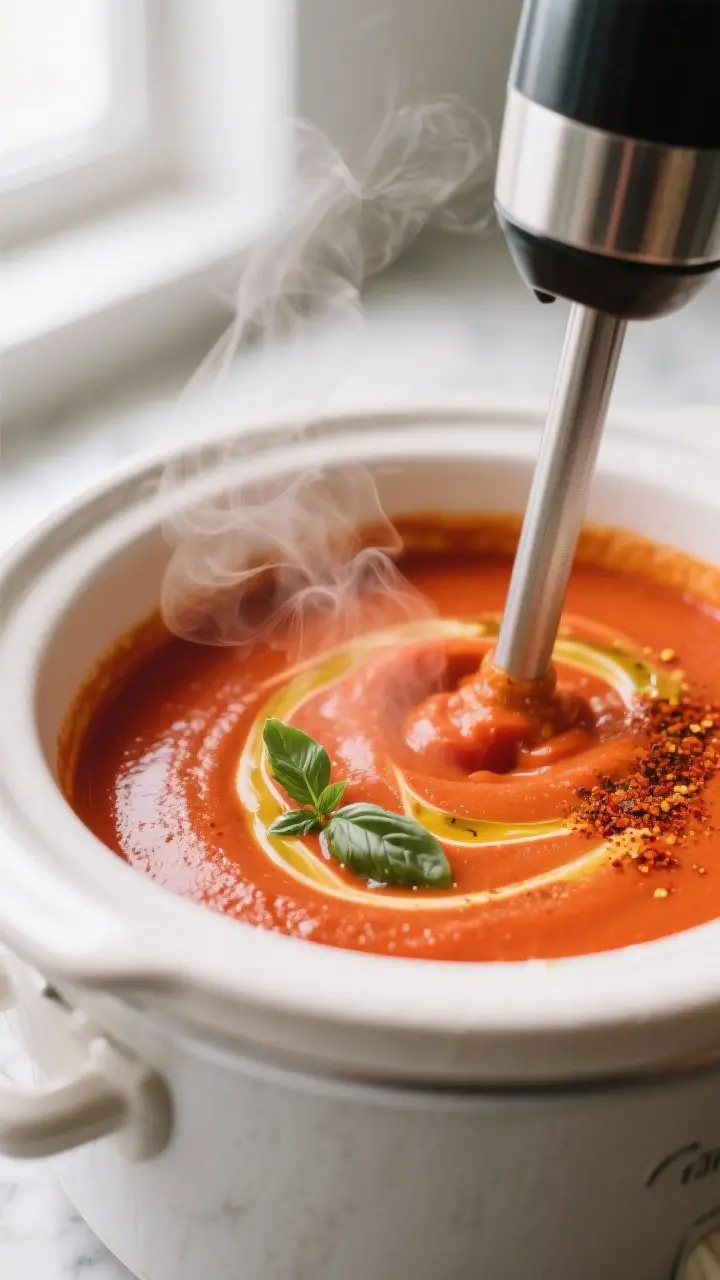 Close-up detail: Velvety roasted red pepper tomato soup being blended directly in a crockpot with an