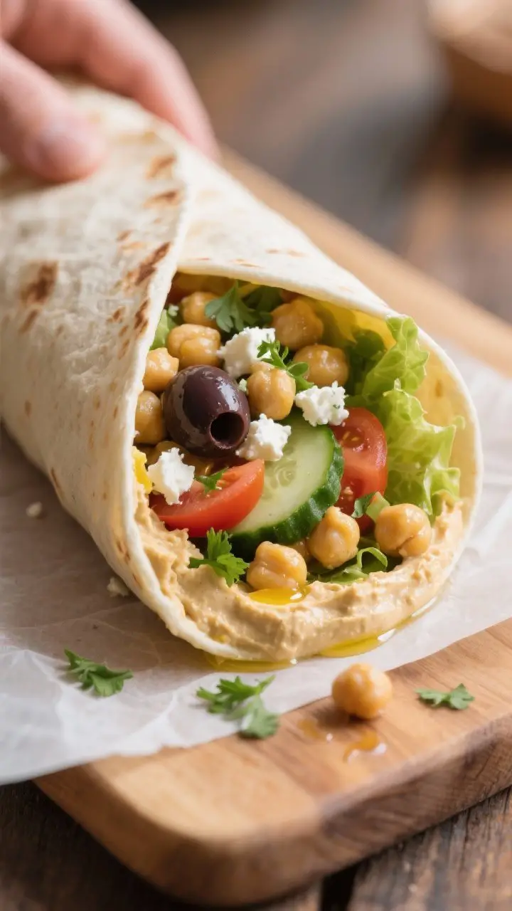 Close-up detail: Warm Mediterranean chickpea wrap being rolled tight on a wooden board, seam-side do