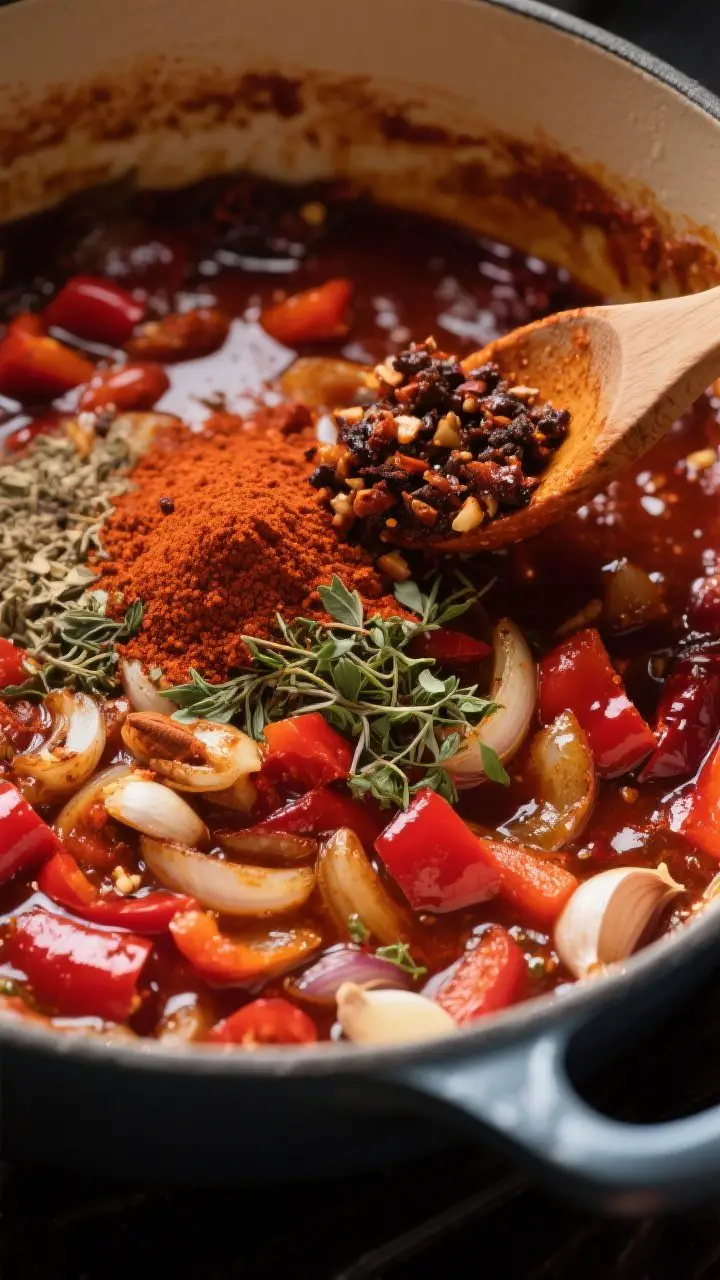 Cooking process action: Bloomed spice moment in the pot—chili base just after stirring in minced c