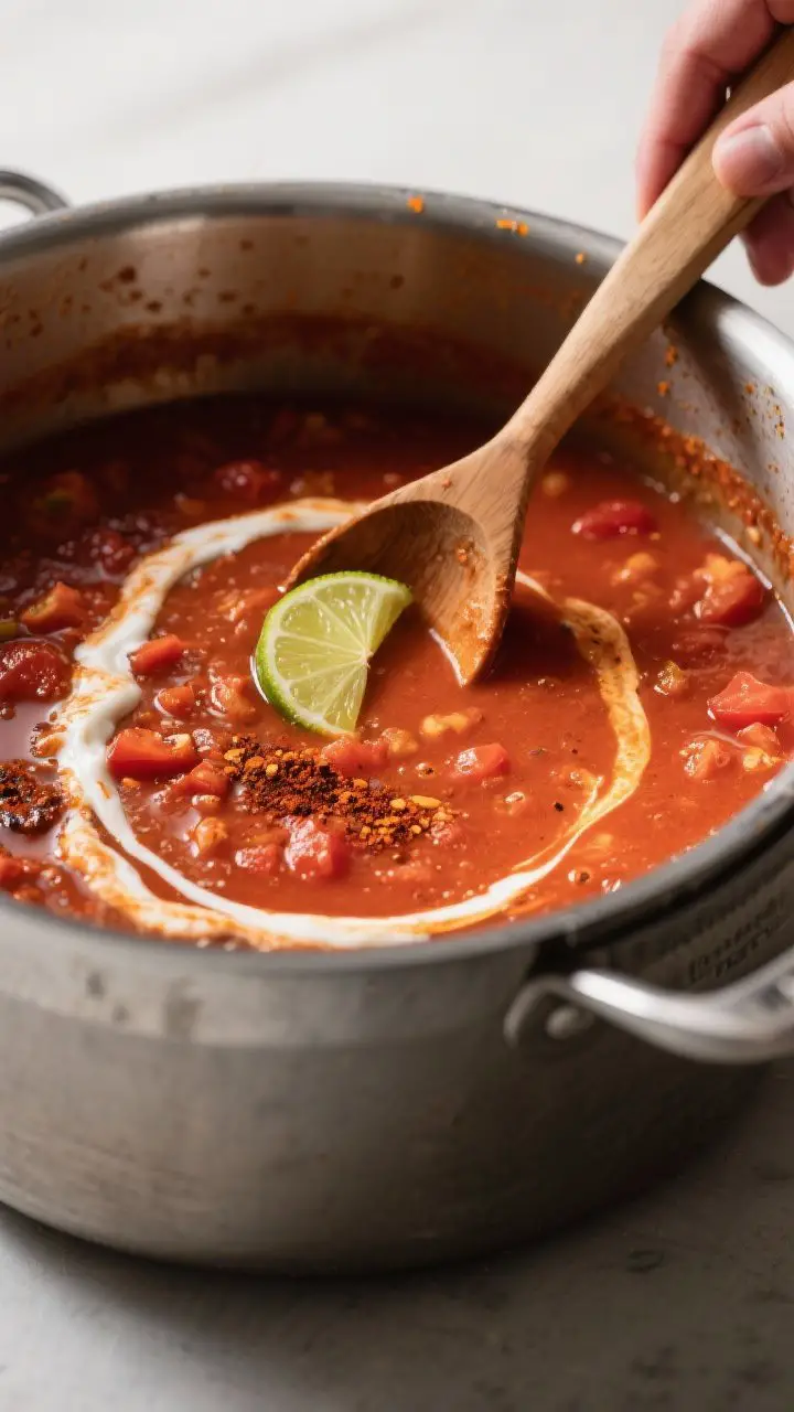 Cooking process action: Overhead shot of the soup mid-simmer in a wide stainless pot just after blen