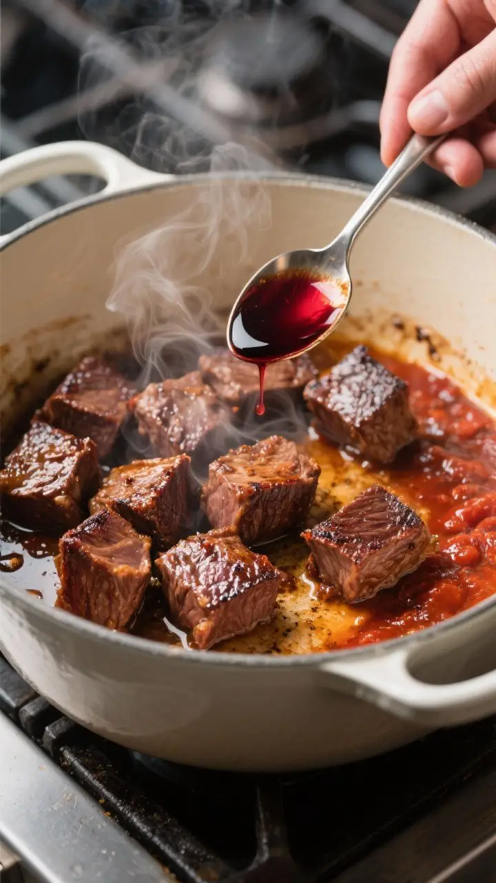 Cooking process — beef searing: Close-up of deeply browned beef chuck cubes sizzling in a heavy en