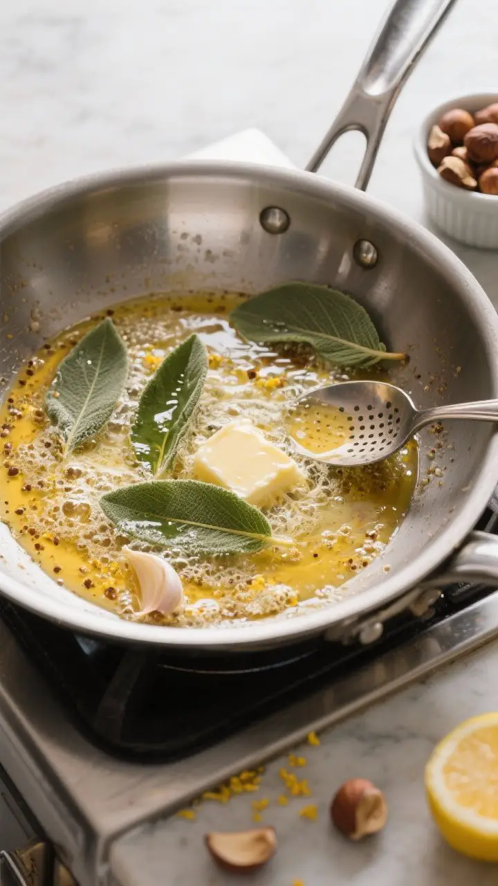 Cooking process: Brown butter being made in a wide stainless skillet—sage leaves sizzling and turn