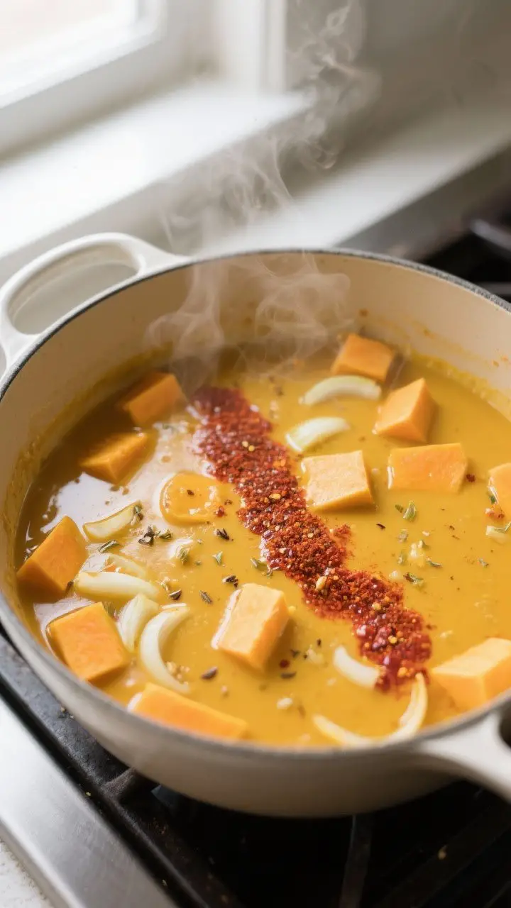 Cooking process — butternut squash soup base simmering: A Dutch oven on the stovetop with tender,