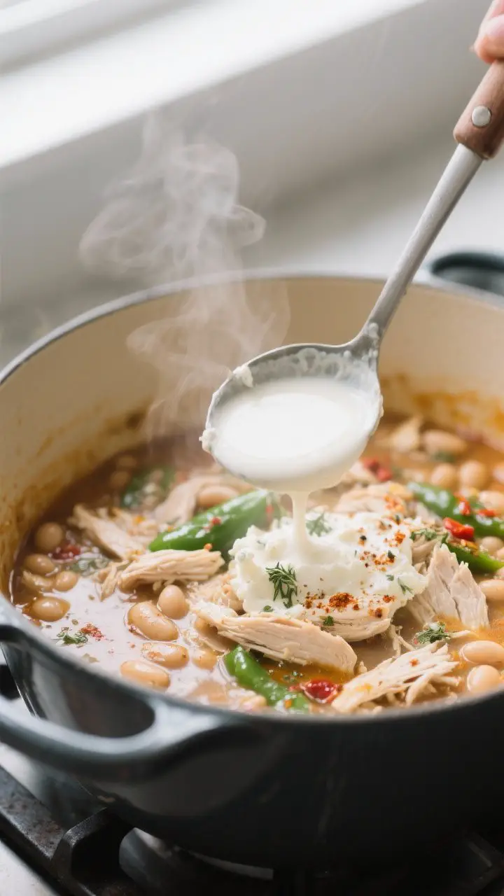 Cooking process close-up: A Dutch oven on the stovetop with white chicken chili at a gentle simmer a