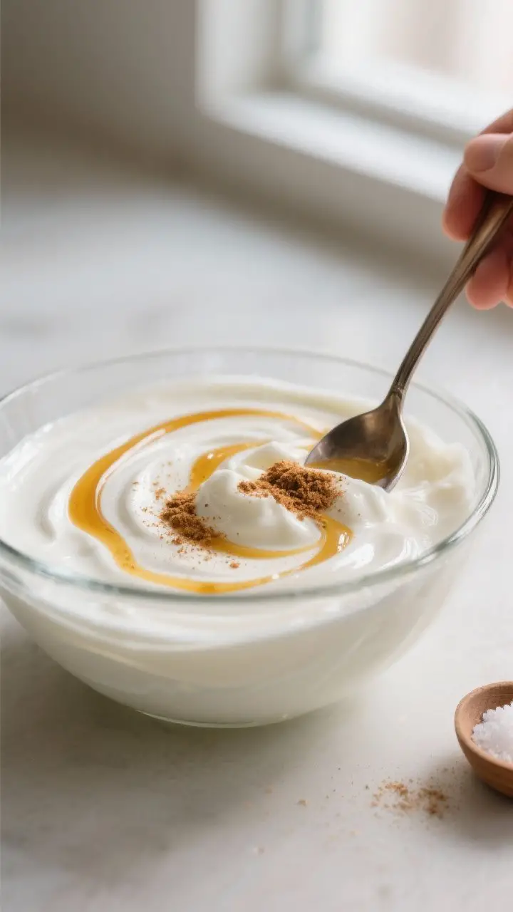Cooking process close-up: A glass bowl of thick plain Greek yogurt being swirled with a thin ribbon