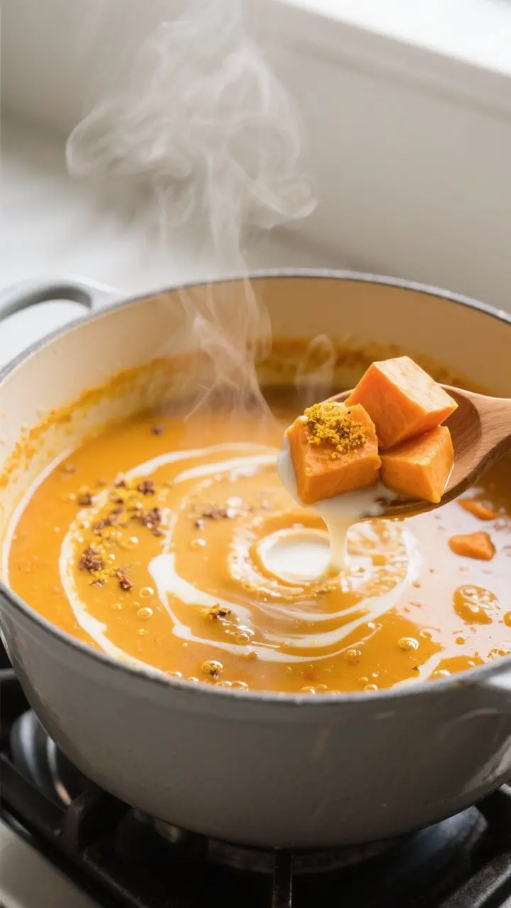 Cooking process, close-up: A large Dutch oven on the stovetop with the soup mid-simmer just after co