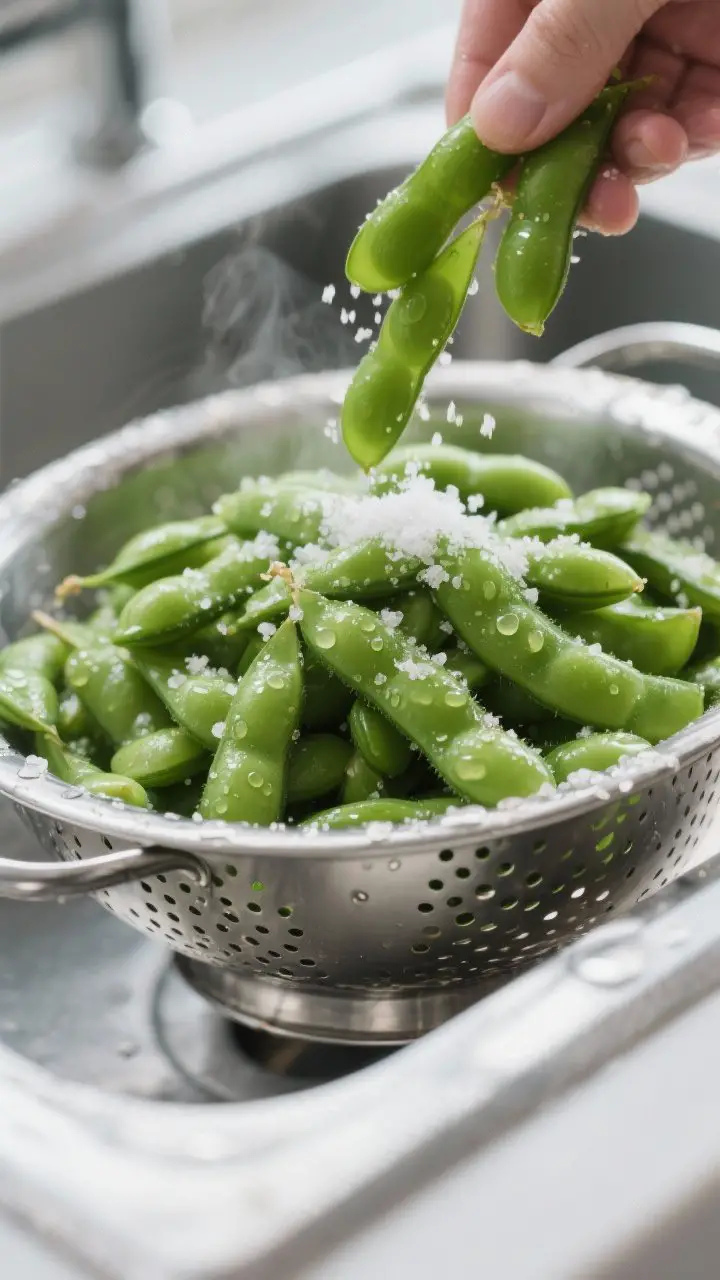 Cooking process close-up: Bright green, freshly boiled edamame pods being tossed with kosher salt wh