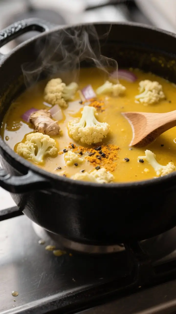 Cooking process close-up: Cauliflower and turmeric soup simmering in a matte black Dutch oven, golde