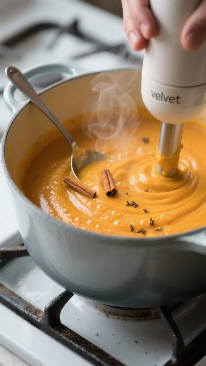 Cooking process, close-up: Close-up of velvety pumpkin soup being immersion-blended directly in a Du