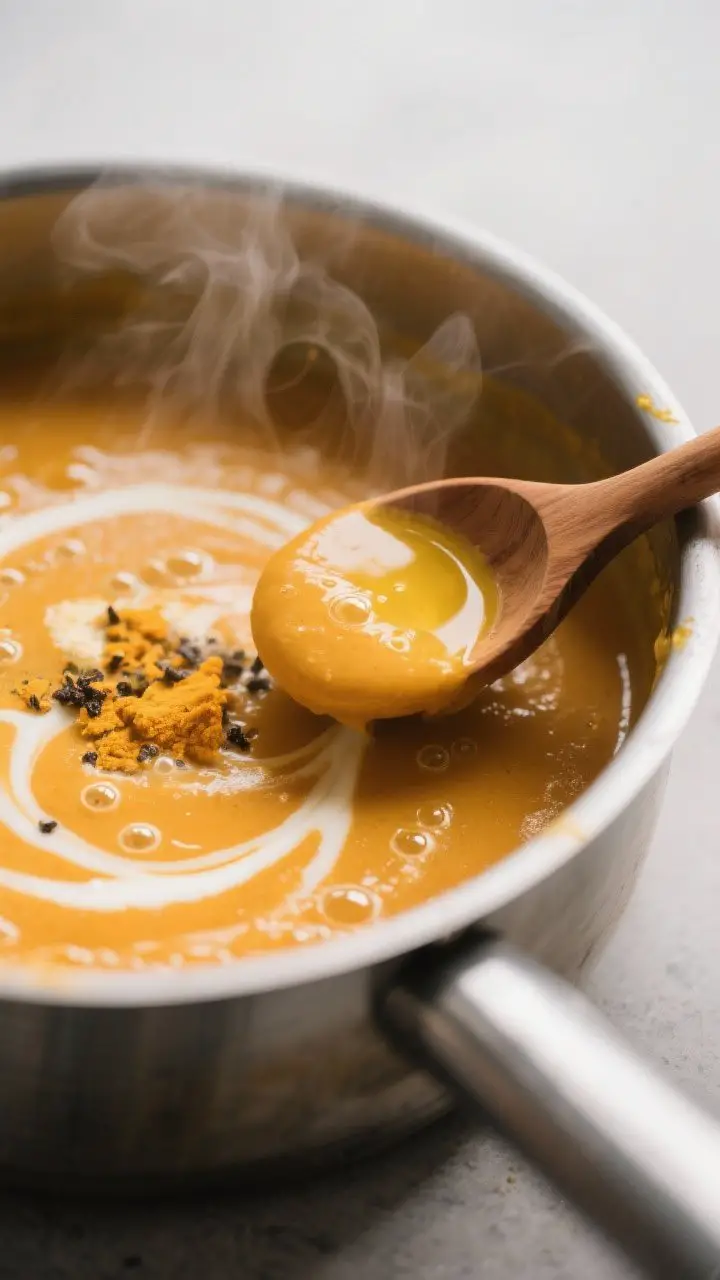 Cooking process, close-up detail: A steaming pot of Pumpkin Detox Soup mid-simmer after blending, si