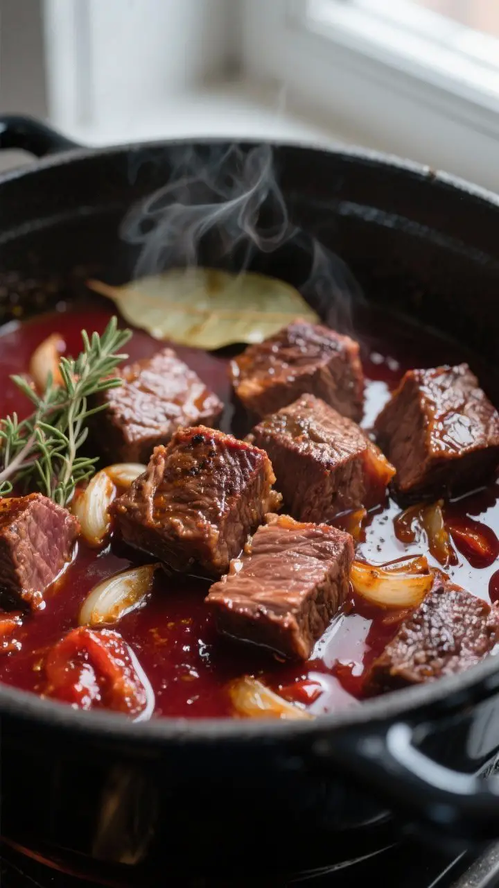 Cooking process, close-up detail: Close-up of browned beef chuck cubes nestled in a glossy red wine
