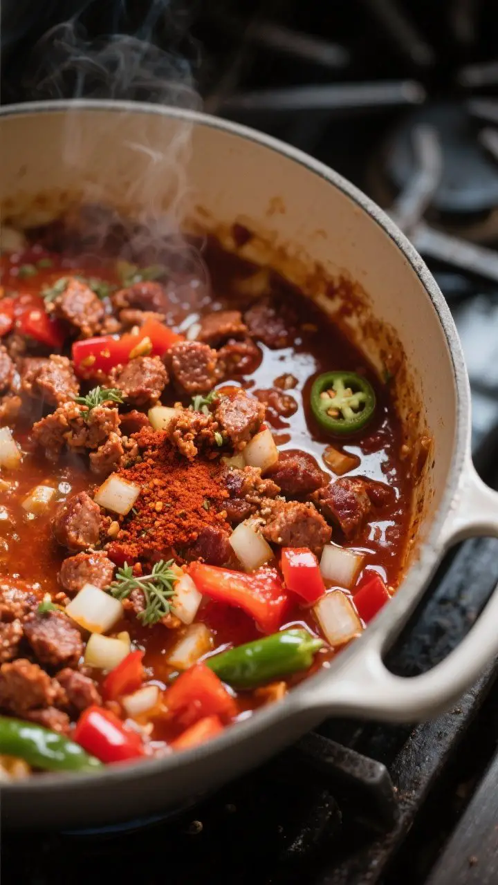 Cooking process, close-up detail: Close-up of chorizo chili base sizzling in a Dutch oven right afte