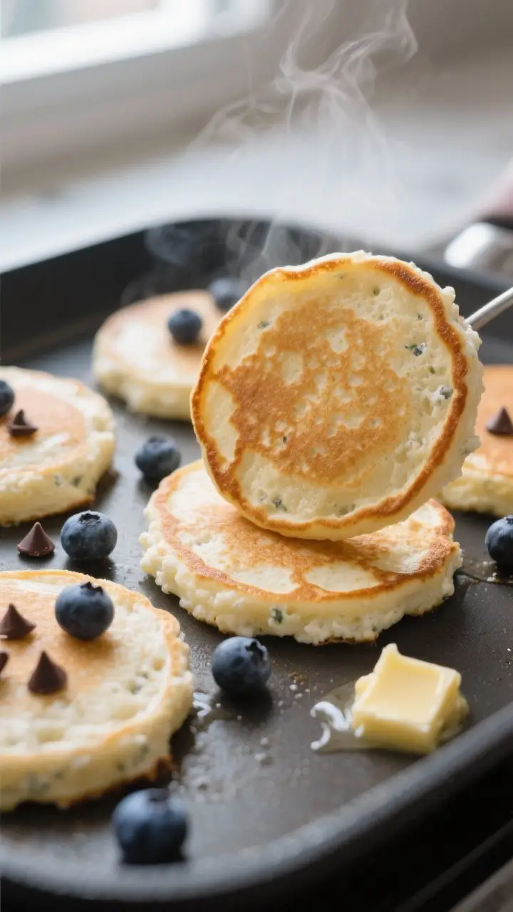 Cooking process, close-up detail: Cottage cheese pancakes mid-cook on a nonstick griddle over medium