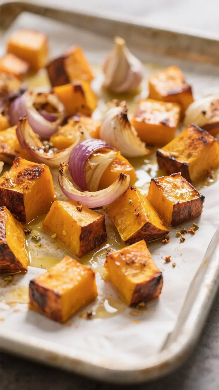 Cooking process, close-up detail: Golden, caramelized roasted butternut squash cubes with softened o