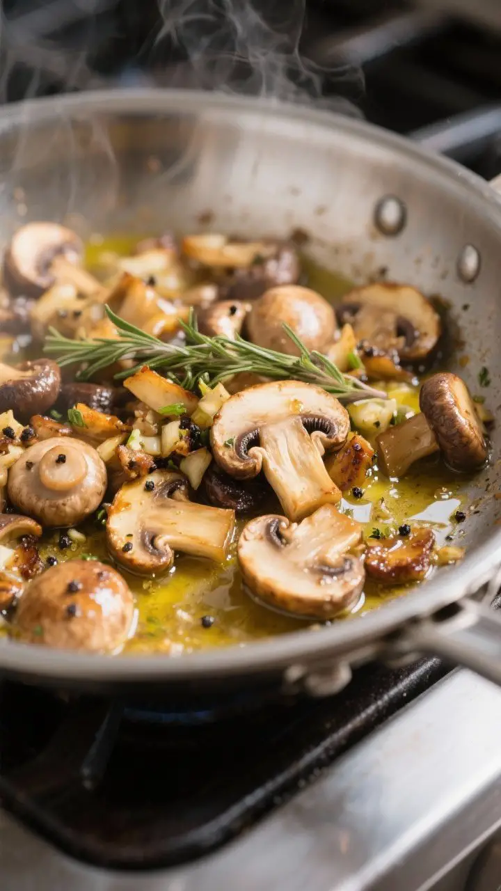 Cooking process, close-up detail: Sautéed mushroom medley in a wide stainless pan mid-cook—golden