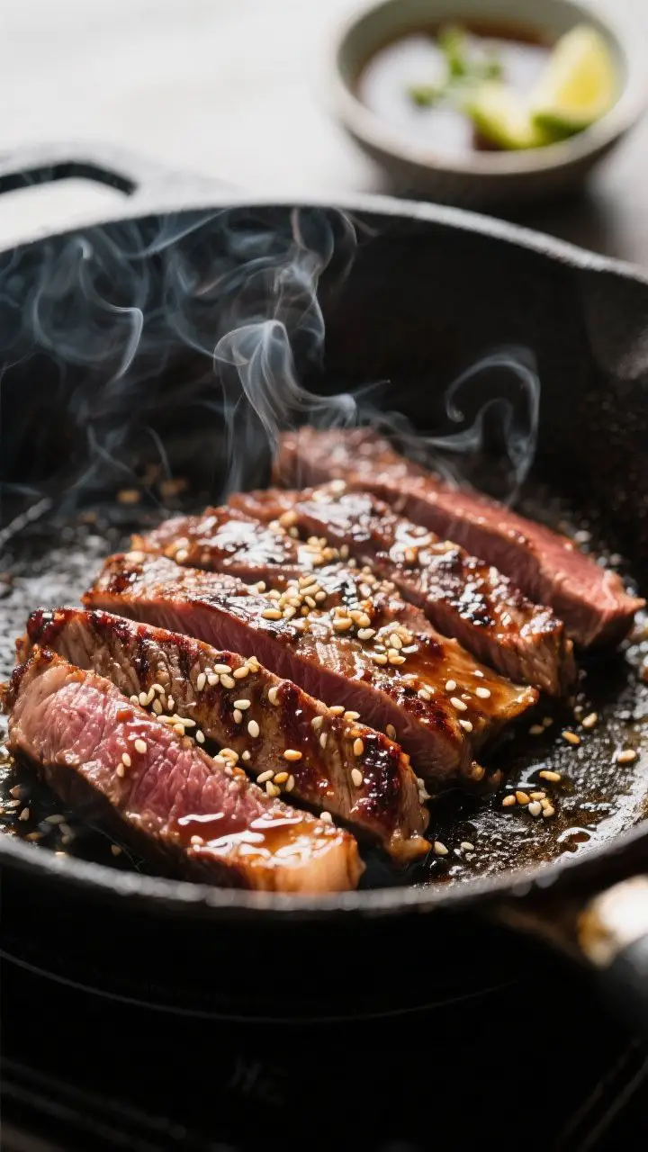Cooking process, close-up detail: Searing thinly sliced flank steak in a smoking-hot carbon steel sk