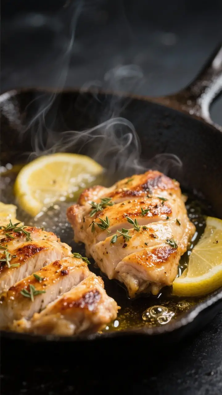 Cooking process, close-up detail: Sliced lemon-herb marinated chicken thighs sizzling on a hot cast-