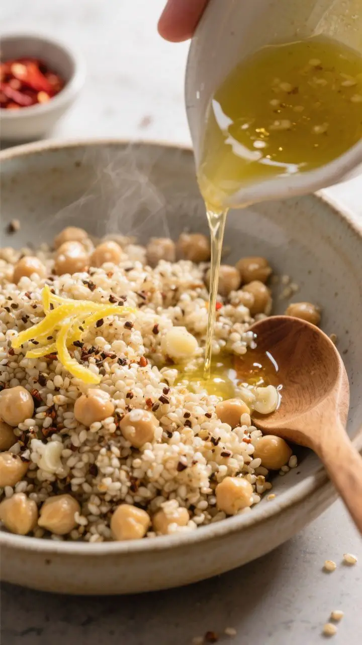 Cooking process, close-up detail: Steaming, freshly fluffed quinoa tossed with rinsed chickpeas in a