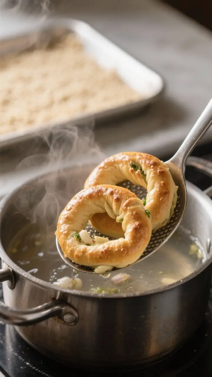 Cooking process close-up: Garlic-stuffed Sicilian bread rings (taralli) just lifted from a gentle si