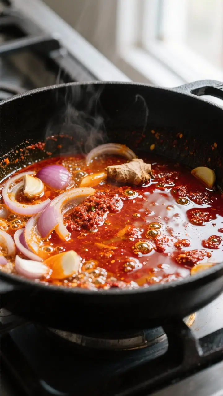 Cooking process, close-up: Red curry paste blooming in coconut oil with softened translucent onions,