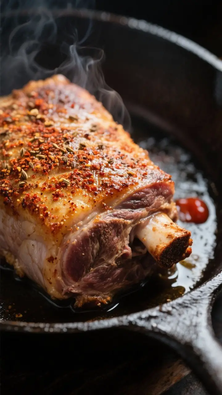 Cooking process close-up: Searing spice-rubbed pork shoulder in a cast-iron skillet before slow cook