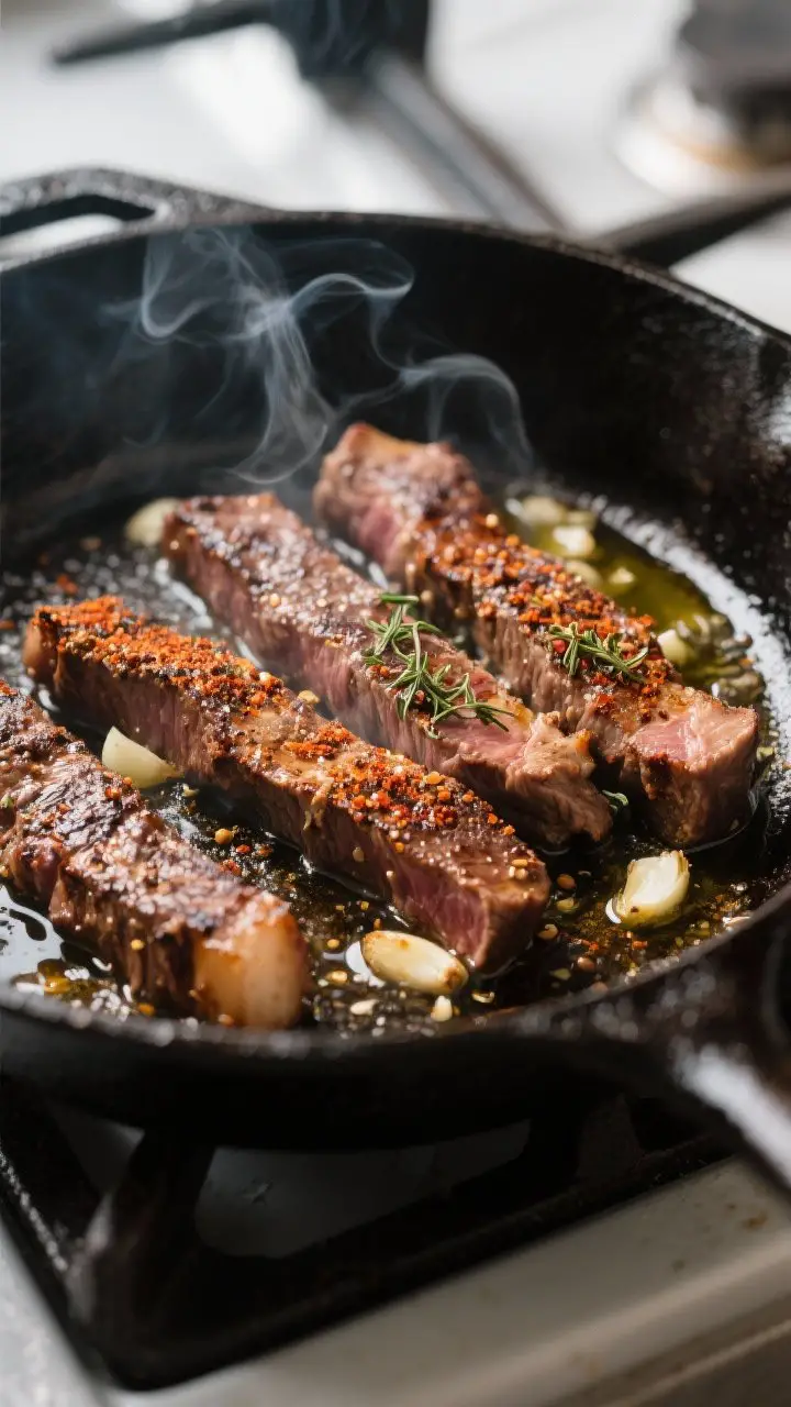 Cooking process, close-up: Searing spiced sirloin strips in a hot cast-iron skillet, edges deeply ca