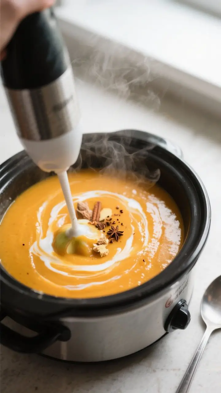 Cooking process, close-up: Silky butternut squash apple soup being immersion-blended directly in a s